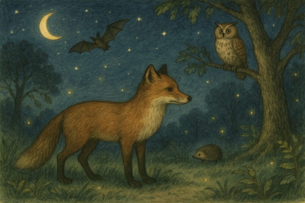 nocne zwierzęta, lęk przed ciemnością u dzieci, ilustracja do artykułu z lisem, sową i jeżem